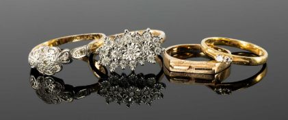 FOUR GOLD RINGS, diamond cluster engagement ring in 18ct gold and platinum, set with tiny stones,