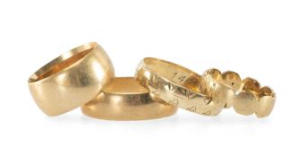9CT GOLD WEDDING RING, size O, 6.3g; two 9ct gold misshapen wedding rings, sizes S/T, 6g; and a