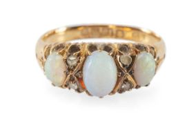EDWARDIAN OPAL & DIAMOND CLUSTER RING, the three cabochon opals dispersed with four tiny diamonds in