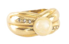 YELLOW METAL SIMULATED PEARL & DIAMOND CHIP RING, stamped '750', ring size P, 7.7g in L. R. Crouch