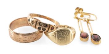 THREE 9CT GOLD RINGS comprising signet ring, gem-set ring and engraved ring, together with pair of