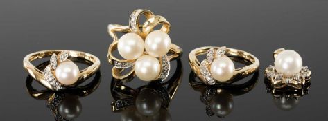 THREE DECORATIVE DIAMOND & CULTURED PEARL DRESS RINGS, all in 9ct gold, ring sizes R/S, O and K; and