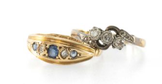 TWO GOLD RINGS comprising 18ct gold and platinum three-stone diamond illusion-set ring, together