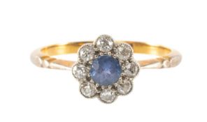 18CT GOLD SAPPHIRE & DIAMOND FLOWER CLUSTER RING, 9mms (diam.), size N, in vintage box Provenance: