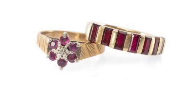 9CT GOLD & GARNET BAGUETTE DRESS RING, size N; and a 9ct gold ruby and diamond cluster ring, size N,