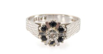 18CT WHITE GOLD DIAMOND & SAPPHIRE CLUSTER RING, textured shank, ring size M, 4.5g Provenance: