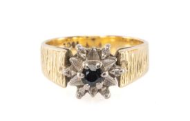 18CT GOLD, SAPPHIRE & DIAMOND CHIP CLUSTER RING, textured bark-effect shank, ring size I 1/2, 5.1g