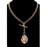 9CT GOLD DOUBLE ALBERT CHAIN, with T-bar, twin clips and 9ct rose gold medallion, 40cms (l), 49g