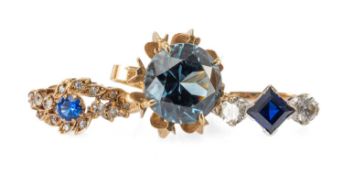 THREE 9CT GOLD DRESS RINGS, comprising presumed synthetic sapphire and white stone ring, principal
