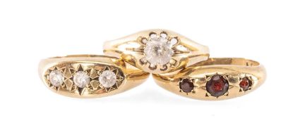 GENT'S 9CT GOLD PASTE-SET RING, size T; gent's 9ct gold and garnet gypsy style ring, size V; and a