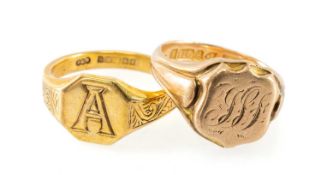 TWO 9CT GOLD SIGNET RINGS, both engraved with initials, ring sizes Q 1/2 and S 1/2, 13.0g gross (