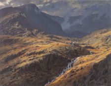 ‡ DAVID WOODFORD (British, lives, works Wales b. 1938) oil - entitled verso 'Into Cwm Ffynnon