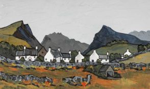 ‡ DAVID BARNES (British 1942-2021) oil on board - entitled verso 'Welsh Hamlet in Snowdonia' on