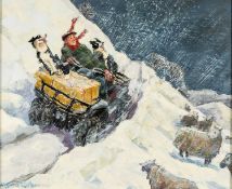 ‡ VIVIENNE LUXTON (British, lives, works Wales b. 1942) mixed media - winter scene with farmer and