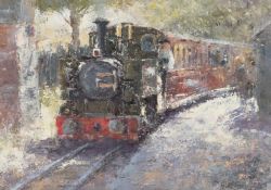 ‡ GERALD GREEN (British b. 1947) oil on board - entitled verso 'No.7 Pulling into Dolgoch on the