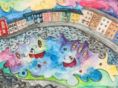 ‡ RHIANNON ROBERTS (Welsh b. 1989) watercolour - entitled verso 'A Colourful Street / Stryd Liwgar',