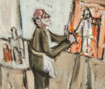 ‡ MIKE JONES (Welsh 1941-2022) oil on torn paper - an artist at work in his studio, signed, 24 x