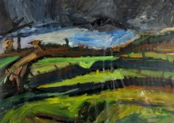 ‡ PETER PRENDERGAST (Welsh 1946-2007) mixed media on paper - entitled verso 'Green Fields, Wales',