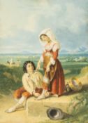 PENRY WILLIAMS (Welsh 1800-1885) oil on paper - figure fastening companion traveller's shoe,