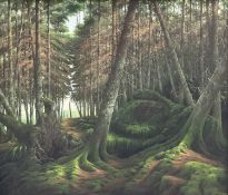 ‡ GERALD DEWSBURY (British, works Wales, b. 1957) oil on board - mossy coniferous forest,