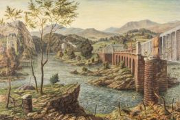 ‡ EVAN CHARLTON (British 1904-1984) oil on panel - surrealist landscape with bridge, entitled