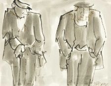 ‡ MIKE JONES (Welsh 1941-2022) ink and wash on paper - two standing farmers in conversation, signed,