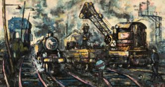 ‡ KEN LEWIS (Welsh 20th Century fl.1960s/70s) oil on board - entitled verso 'Sun and Steam,