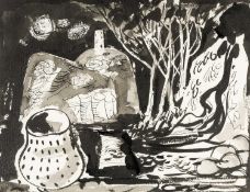 ‡ CLIVE HICKS-JENKINS (Welsh b. 1951) ink and wash - landscape with pot, signed and dated '97, 30