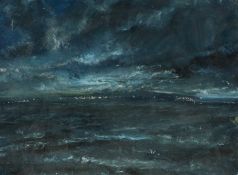 ‡ IWAN GWYN PARRY (1970-2025) mixed media on card - rough sea and distant land with lights, 31 x