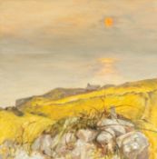 ‡ AUDREY HIND (British Wales b. 1936) oil on board - Anglesey coast, entitled verso 'The Belfry (