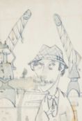 ‡ SIR KYFFIN WILLIAMS RA (Welsh 1918-2006) ink and wash - self-portrait caricature, adjusting his