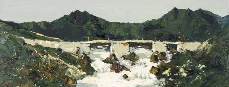 ‡ CHARLES WYATT WARREN (Welsh 1908-1993) oil on board - historic stone bridge, entitled verso '