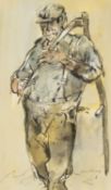 ‡ WILLIAM SELWYN (Welsh b. 1933) mixed media - farmer with scythe, signed, 33 x 22cms Provenance: