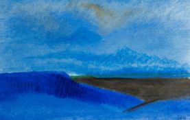 ‡ GLENYS COUR MBE (Welsh b. 1924) mixed media on paper - landscape in blues, signed, 43 x 69cms