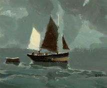 ‡ DONALD MCINTYRE (British, lived, worked Wales 1923-2009) acrylic - sailing boat at night, signed