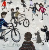 ‡ NICK HOLLY (Welsh b. 1968) oil on canvas - entitled verso 'Street Games', signed, signed and dated