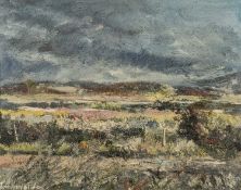 ‡ JOHN KNAPP-FISHER (British, lived, worked Wales 1931-2015) oil on board - landscape under dark