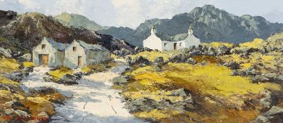 ‡ CHARLES WYATT WARREN (Welsh 1908-1993) oil on board - 'Farm Near Waunfawr', signed, 23.5 x 54cms
