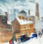 ‡ NICK HOLLY (Welsh b. 1968) oil - entitled verso 'Cardiff Snow, The Old Brewery' on Albany