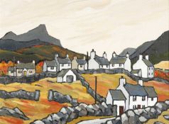 ‡ DAVID BARNES (British 1942-2021) oil - entitled verso 'Welsh Mountain Village' on Red Rag Gallery,