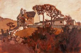 ‡ AUDREY HIND (British b. 1936) oil on board - Anglesey landscape, entitled verso 'Farm