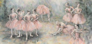‡ VALERIE GANZ (Welsh 1936-2015) mixed media on paper - troupe of ballerinas warming-up in pink