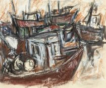 ‡ MIKE JONES (Welsh 1941-2022) pastel on paper - entitled verso 'Fishing Boats' on Albany Gallery