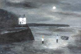 ‡ PETER JOHN JONES (Contemporary Welsh) acrylic on canvas - Dylan Thomas' Boathouse at night, signed