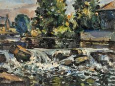 ‡ EDWIN FORREST (Welsh 1918-2002) oil on board - entitled verso 'Tumbling Water, Afon Conwy,