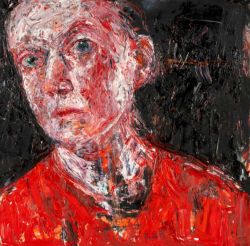 ‡ SHANI RHYS JAMES MBE (Welsh b. 1953) oil on gesso - entitled verso 'Red Overall' on Martin