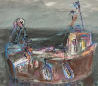 ‡ MIKE JONES (Welsh 1941-2022) mixed media - entitled verso 'Fishing Boat', signed verso, 47 x 53cms