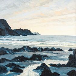 ‡ GWYN ROBERTS (Welsh b. 1953) oil on canvas - Pembrokeshire coast, entitled verso 'Traeth Llyfn',