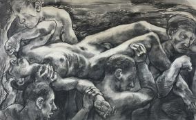 ‡ JACK CRABTREE (English, lives, works Wales b.1938) pastel, crayon - figures carrying injured