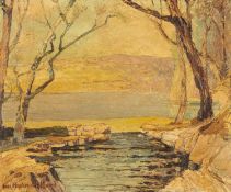 HARRY HUGHES WILLIAMS (Welsh 1892-1953) oil on board - woodland pool and estuary, signed, 25 x 30cms
